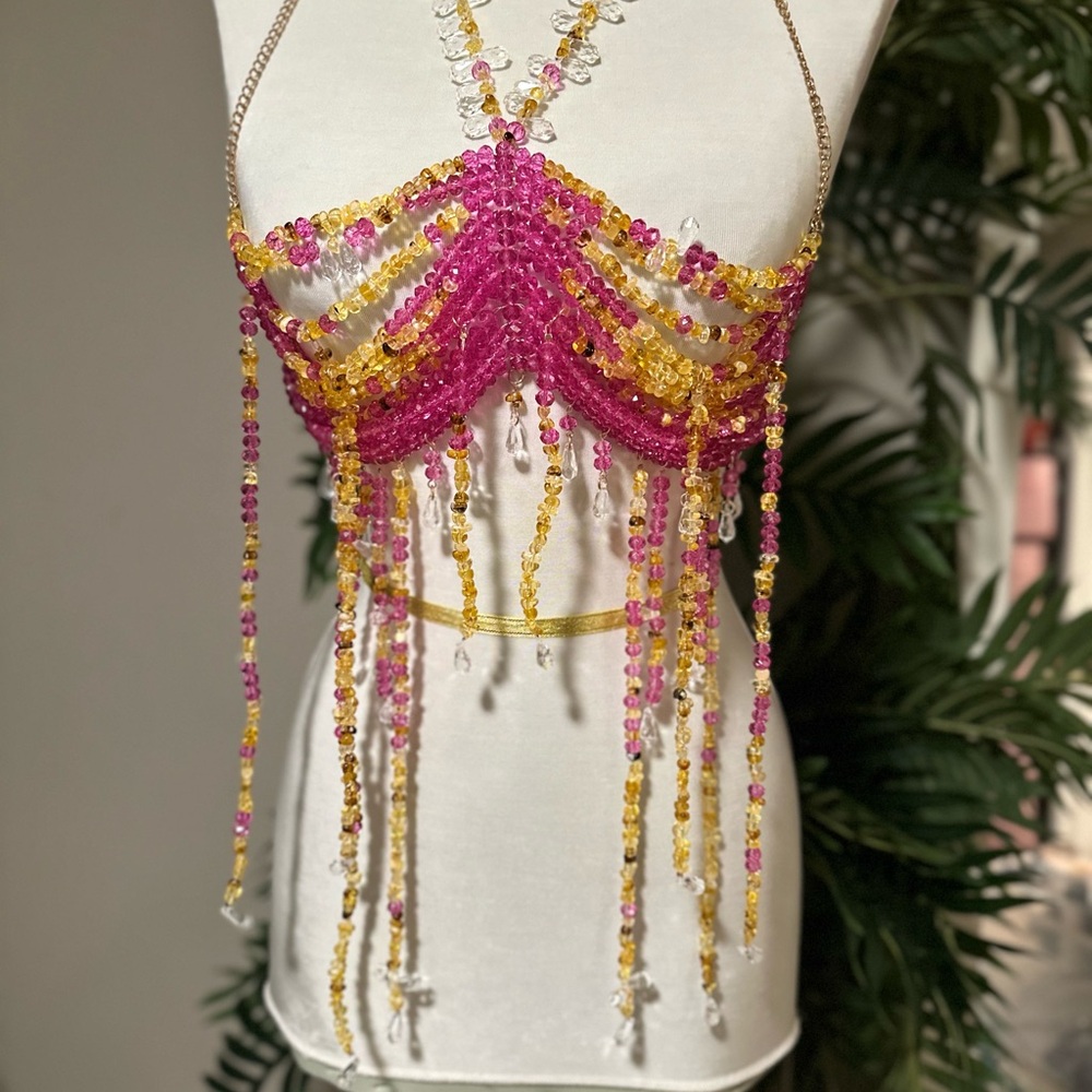 Beaded Pink and Yellow Halter Top | y2k festival top